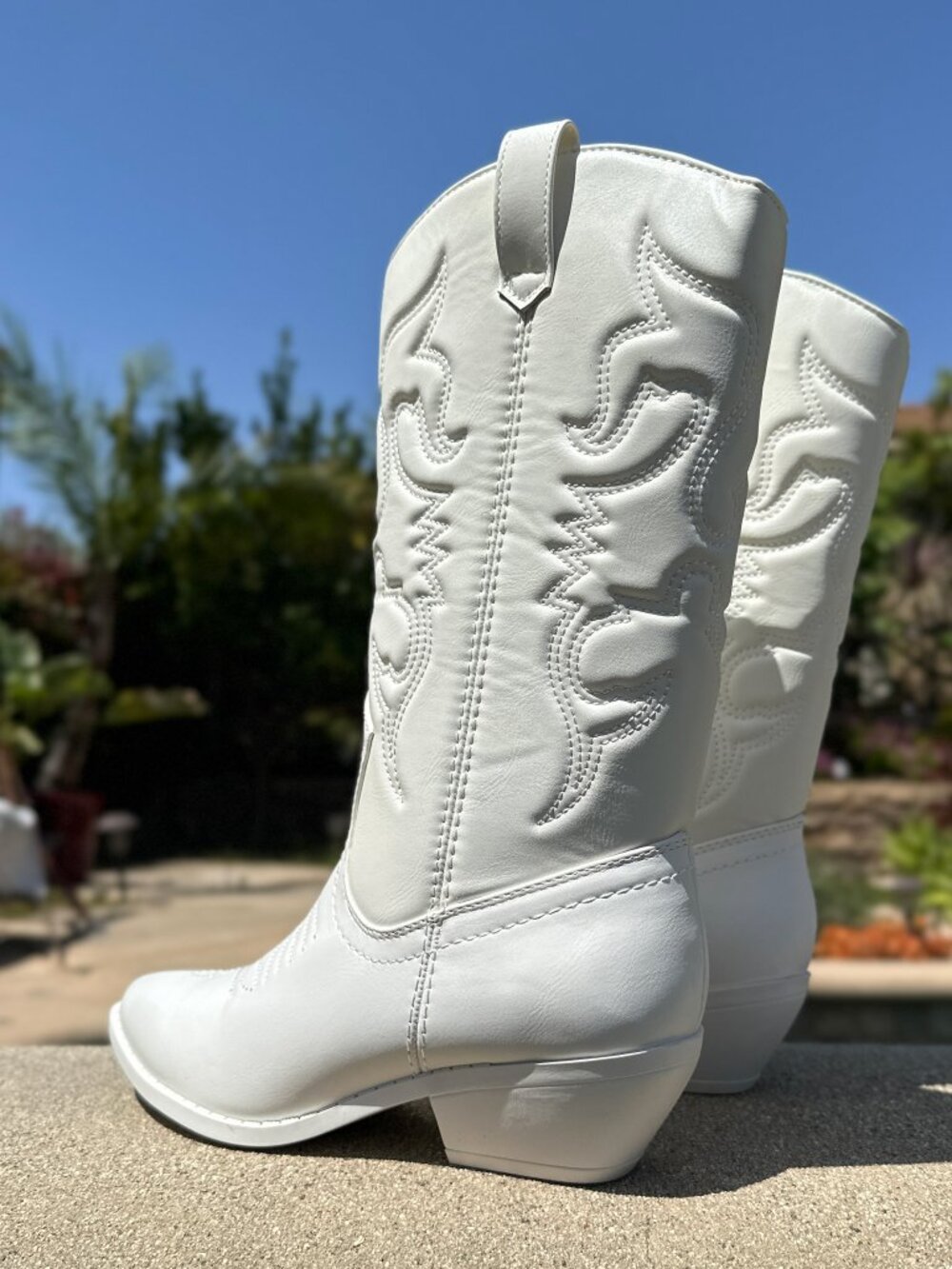 New Pure White Pointed Toe Cowboy/Cowgirl Western Boots Mid-Calf Low Block Heel - Picture 5 of 7